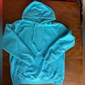 Guess Los Angeles Embossed Triangle Logo Hoodie Aqua Blue Fleece Lined Size L